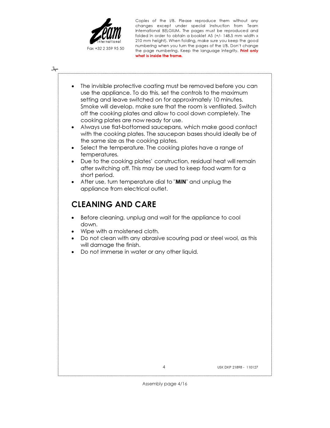 Kalorik USK DKP 21898 manual Cleaning and Care, Assembly page 4/16 