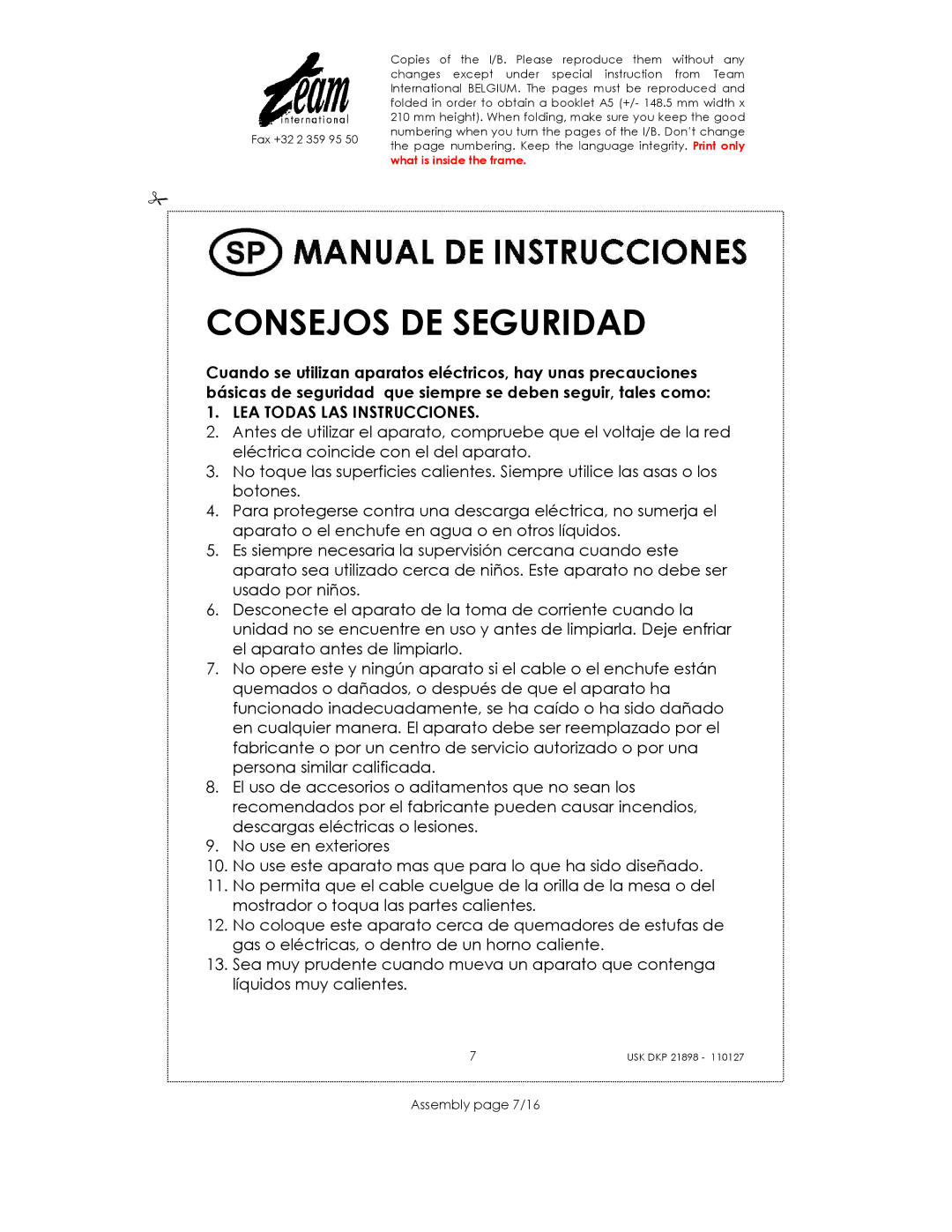 Kalorik USK DKP 21898 manual Consejos DE Seguridad, LEA Todas LAS Instrucciones, Assembly page 7/16 