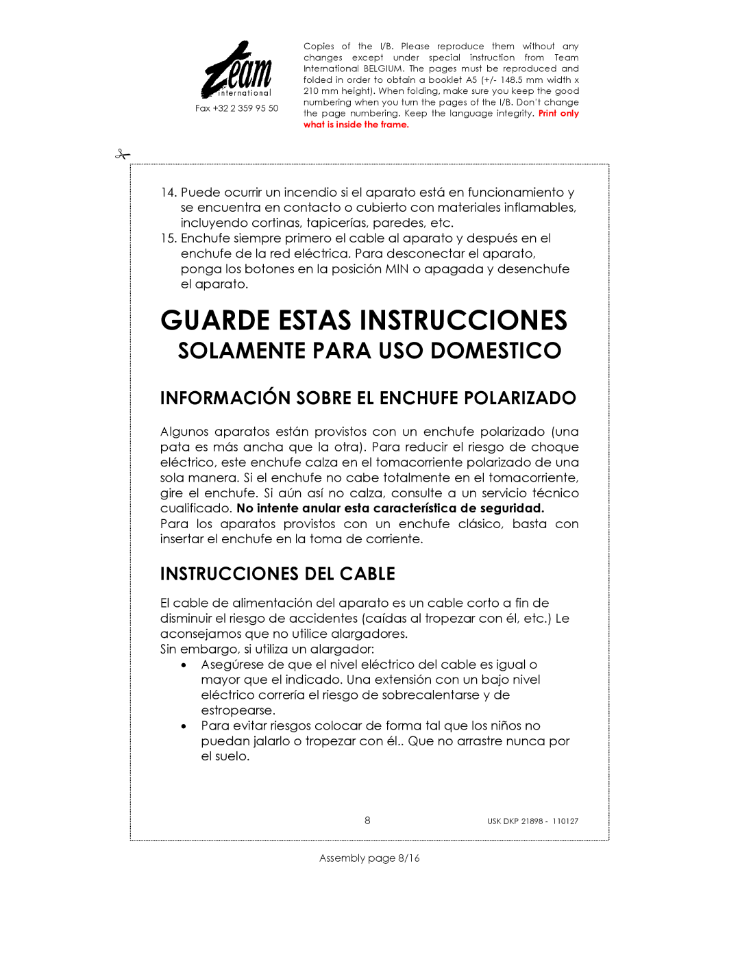 Kalorik USK DKP 21898 manual Guarde Estas Instrucciones, Información Sobre EL Enchufe Polarizado, Instrucciones DEL Cable 