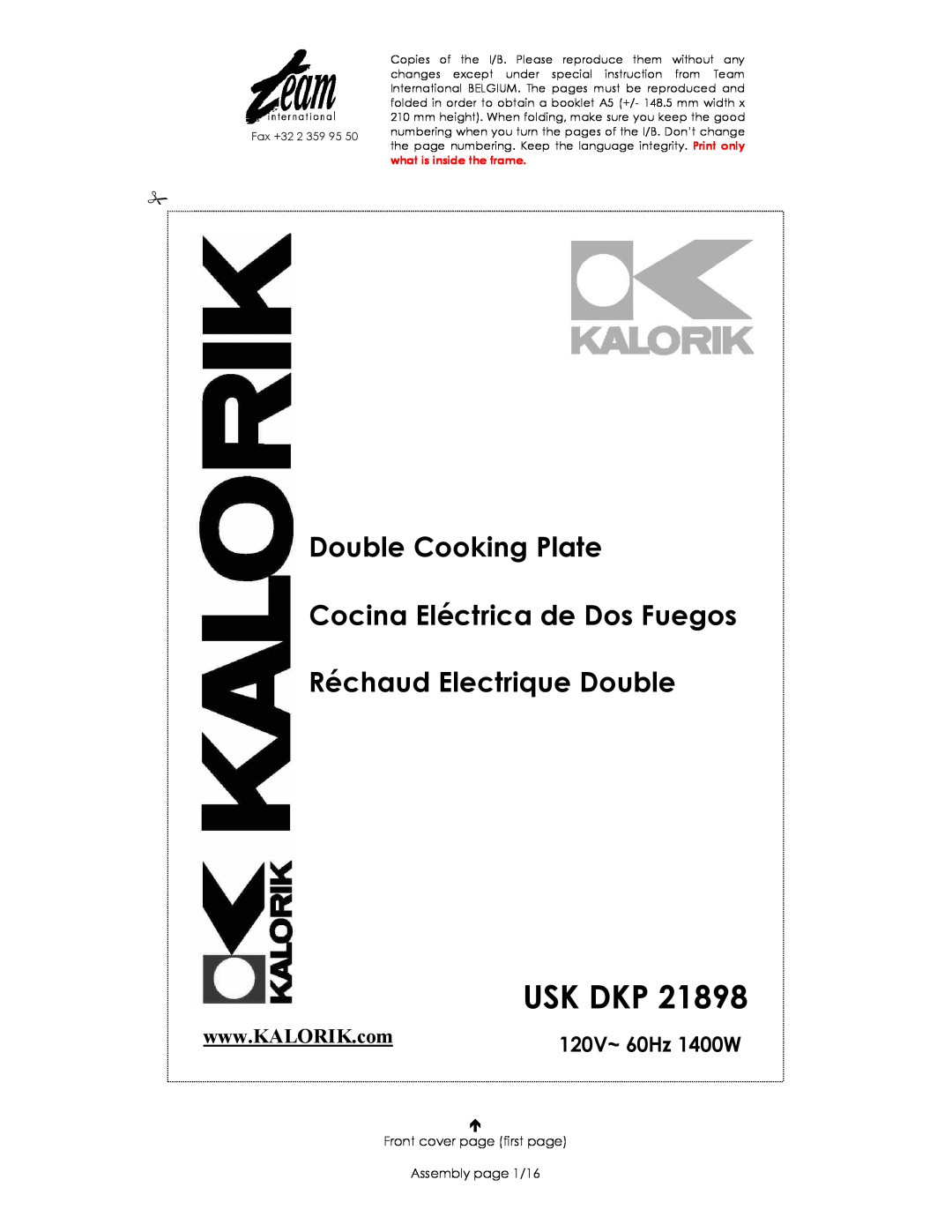 Kalorik USK DKP 21898 manual Usk Dkp, Double Cooking Plate, Cocina Eléctrica de Dos Fuegos, Réchaud Electrique Double 