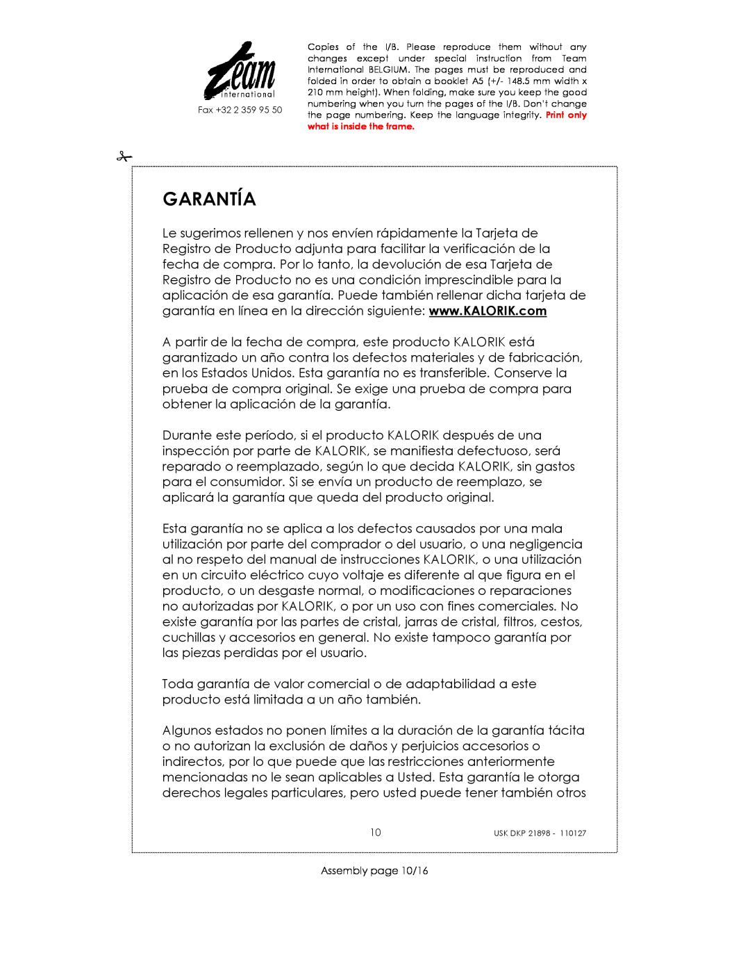 Kalorik USK DKP 21898 manual Garantía, Assembly page 10/16 