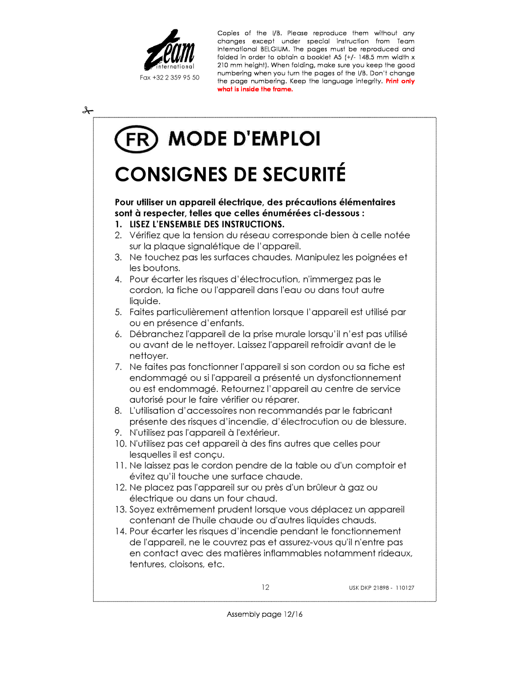 Kalorik USK DKP 21898 manual Consignes De Securité, Lisez L’Ensemble Des Instructions 