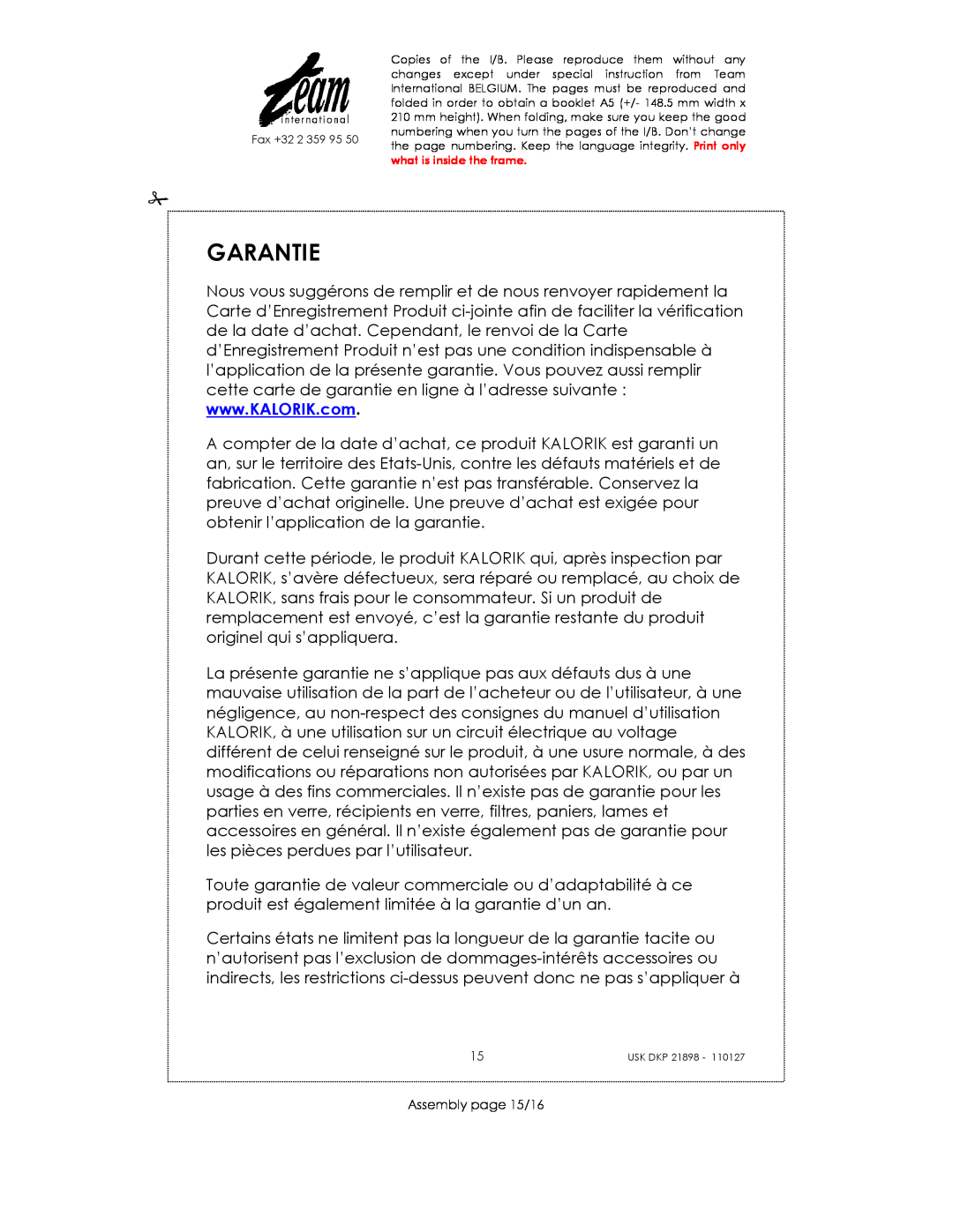 Kalorik USK DKP 21898 manual Garantie, Assembly page 15/16 