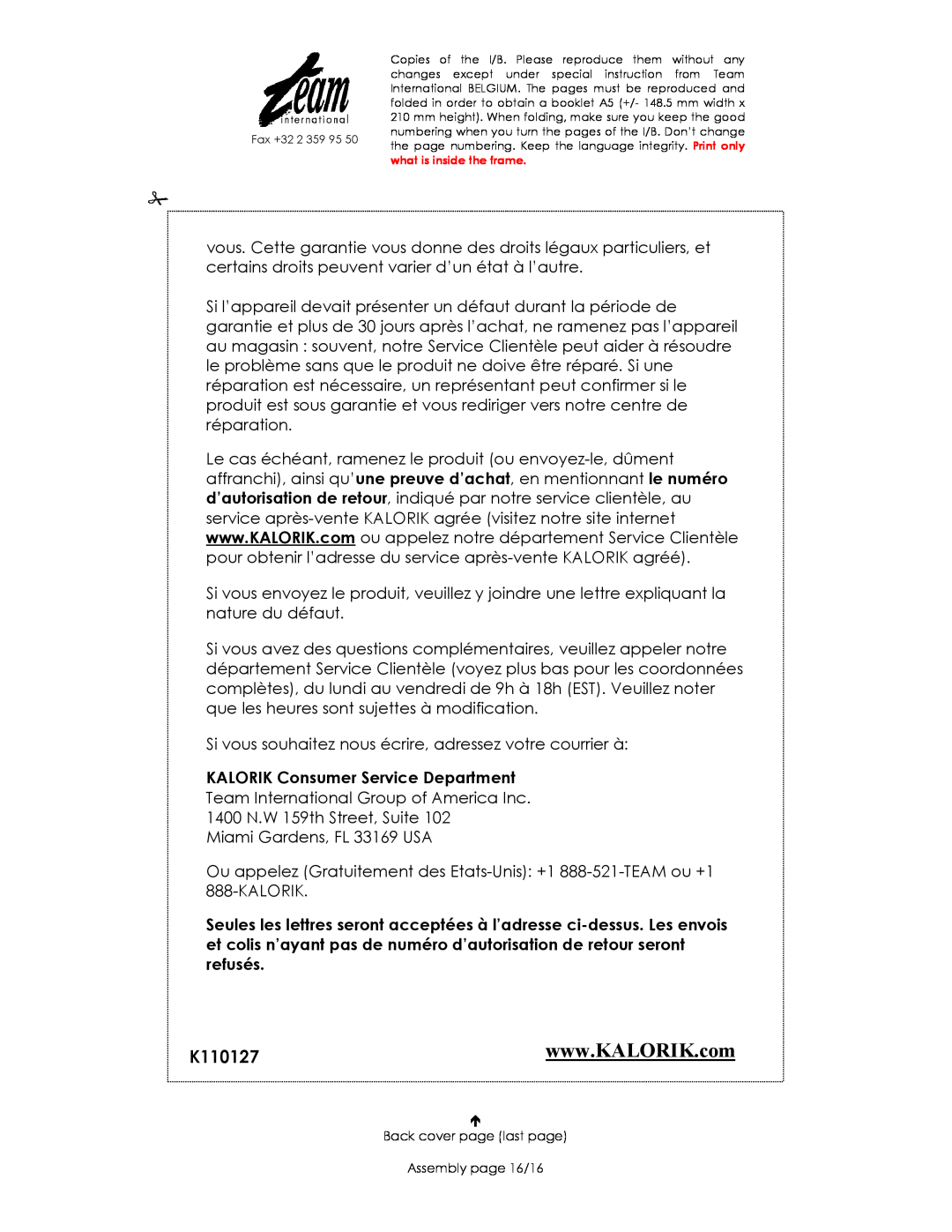 Kalorik USK DKP 21898 manual K110127WWW.KALORIK.COM, KALORIK Consumer Service Department 