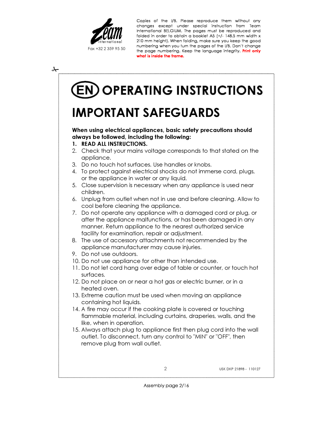 Kalorik USK DKP 21898 manual Important Safeguards, Read All Instructions 