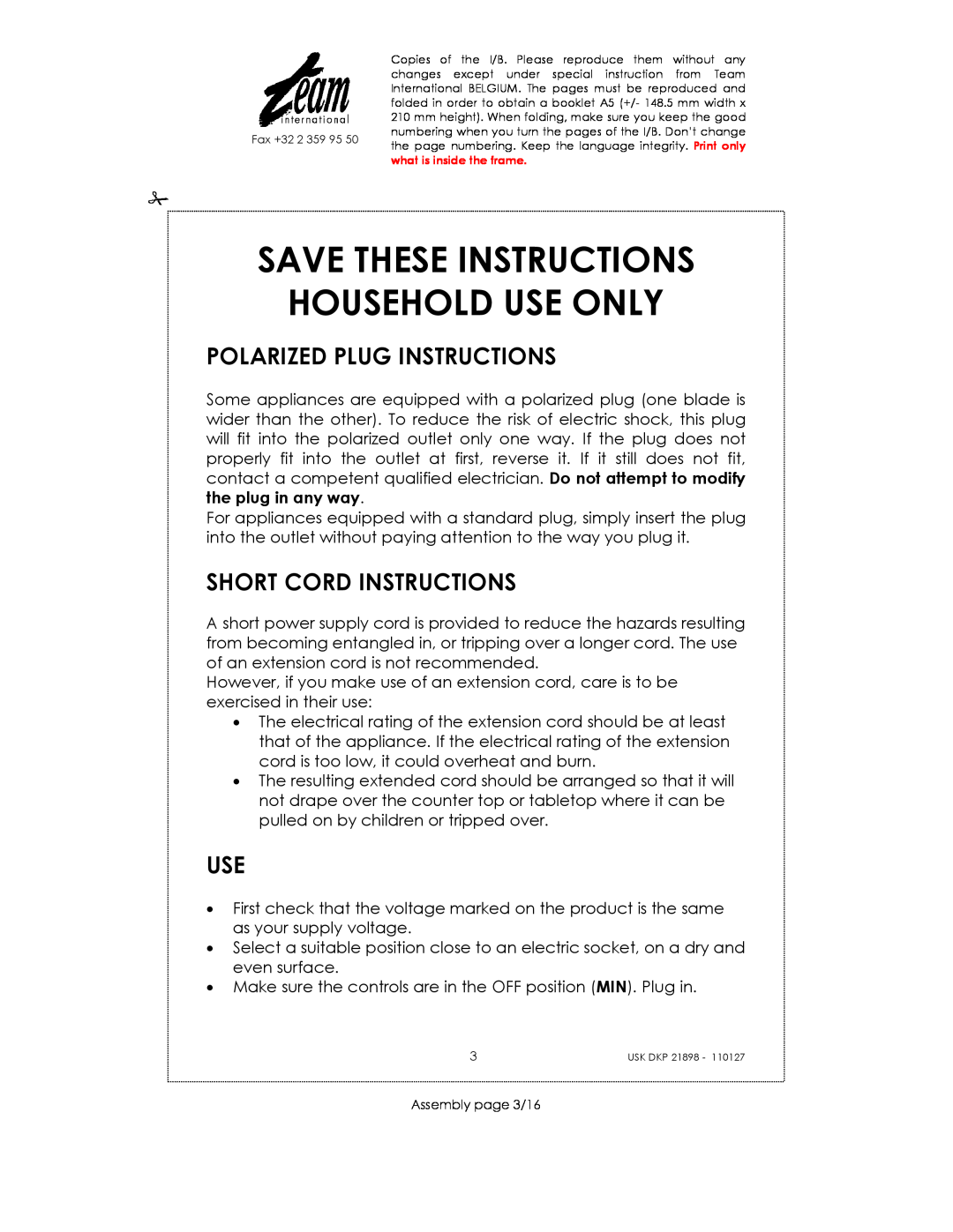 Kalorik USK DKP 21898 Save These Instructions Household Use Only, Polarized Plug Instructions, Short Cord Instructions 