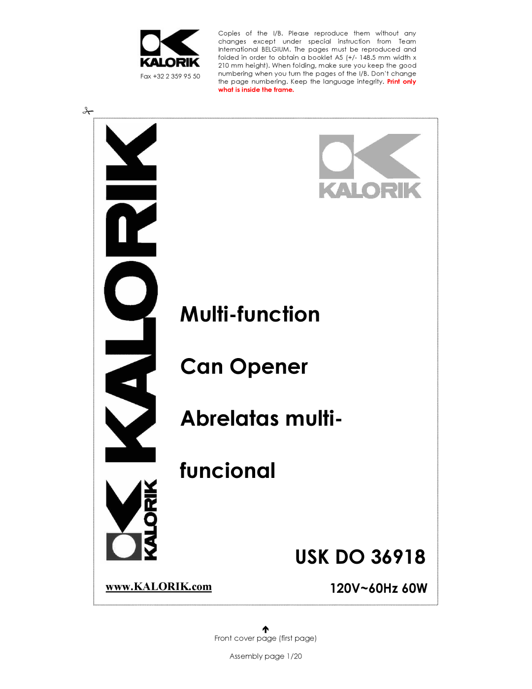 Kalorik USK DO 36918 manual Multi-function Can Opener Abrelatas multi Funcional, Front cover page first Assembly page 1/20 