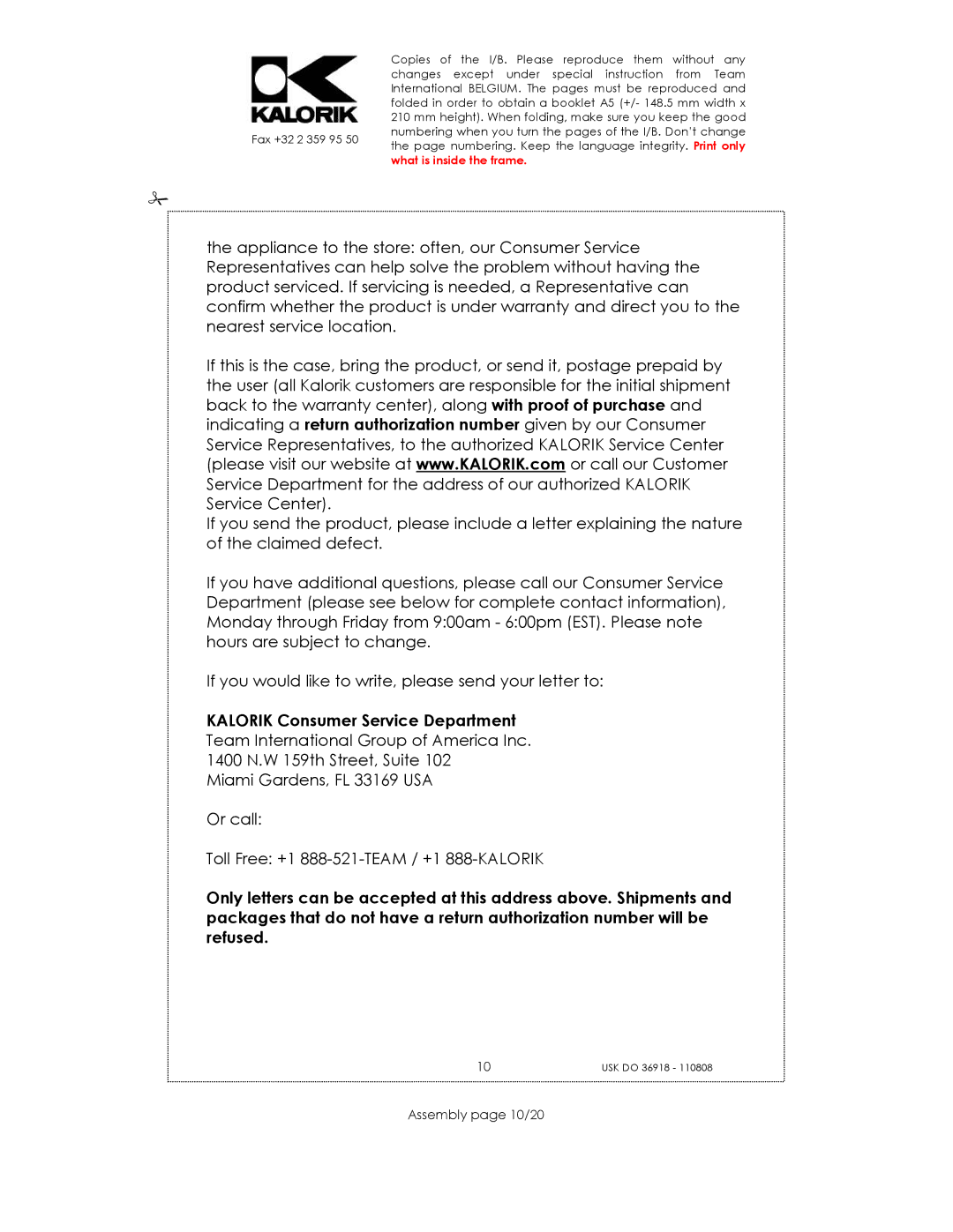 Kalorik USK DO 36918 manual Kalorik Consumer Service Department, Assembly page 10/20 