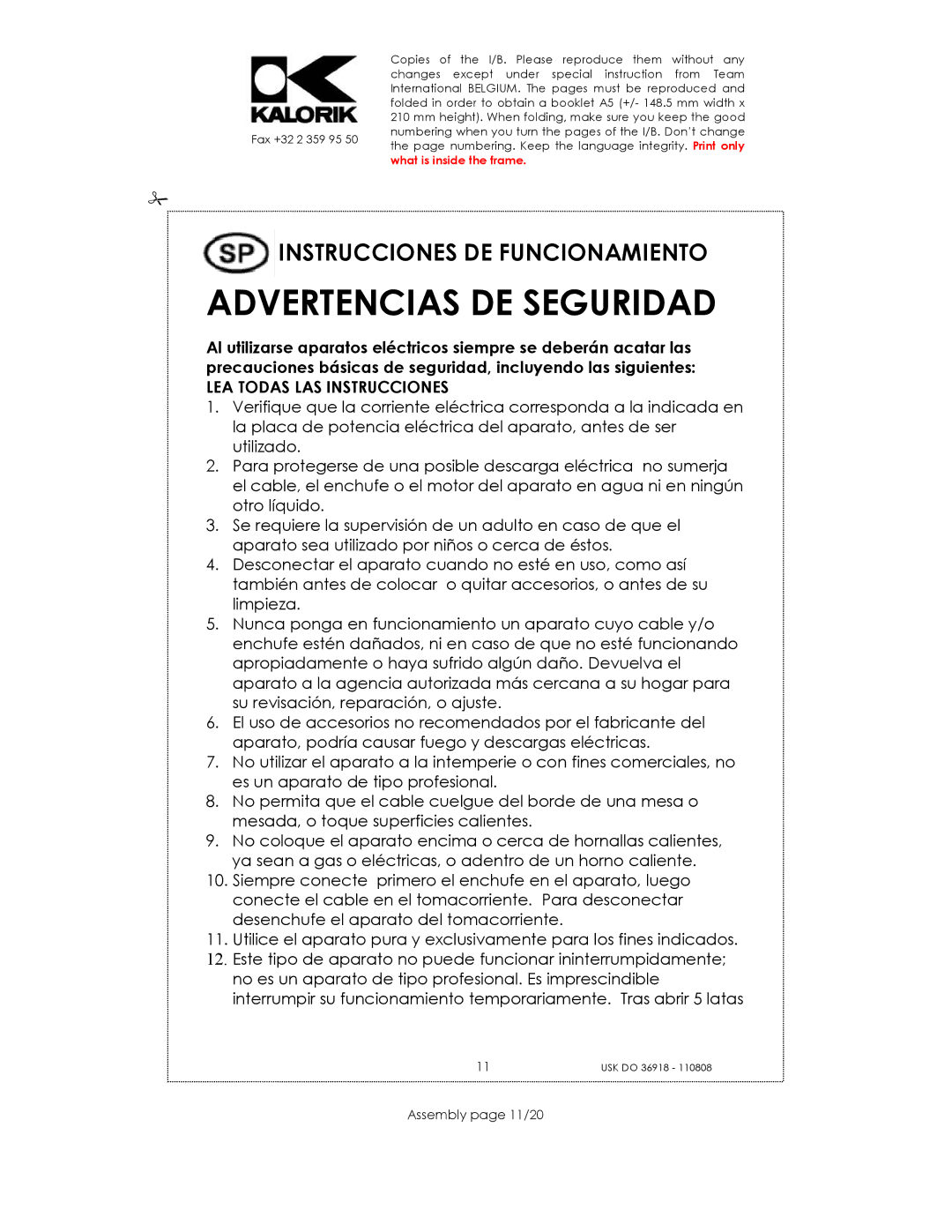 Kalorik USK DO 36918 manual Advertencias DE Seguridad, Instrucciones DE Funcionamiento, Assembly page 11/20 