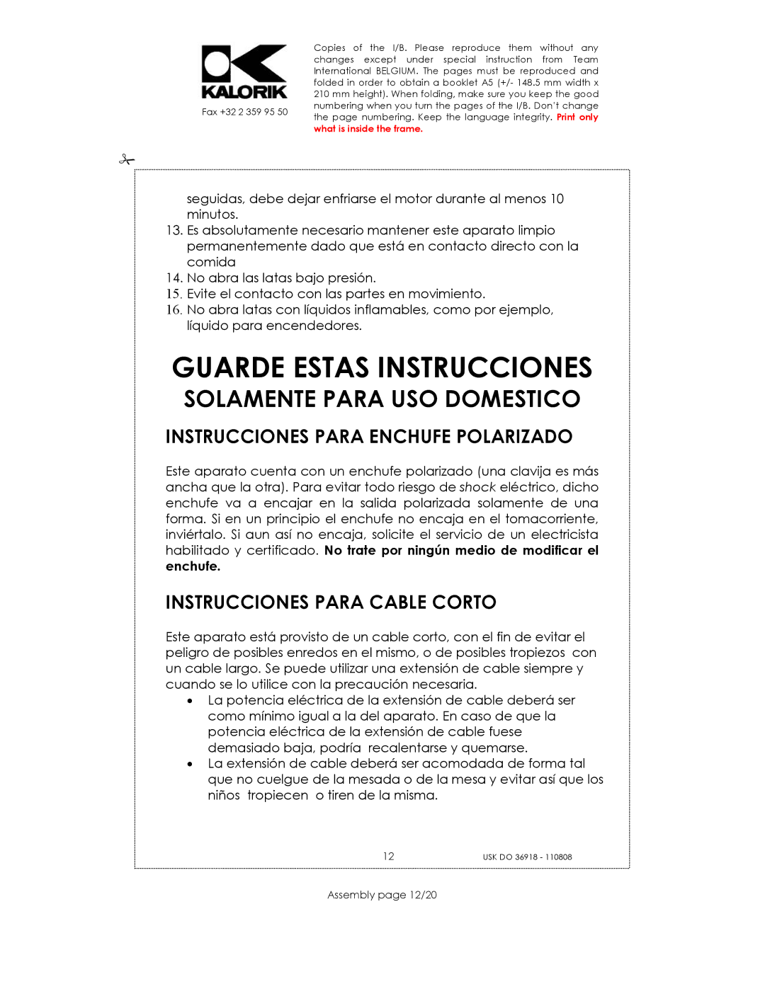 Kalorik USK DO 36918 Guarde Estas Instrucciones, Instrucciones Para Enchufe Polarizado, Instrucciones Para Cable Corto 