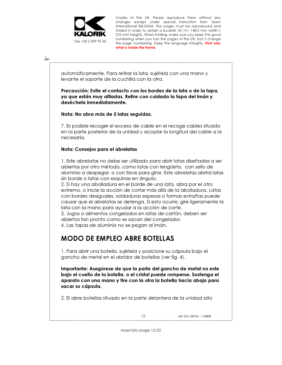 Kalorik USK DO 36918 manual Modo DE Empleo Abre Botellas, Assembly page 15/20 