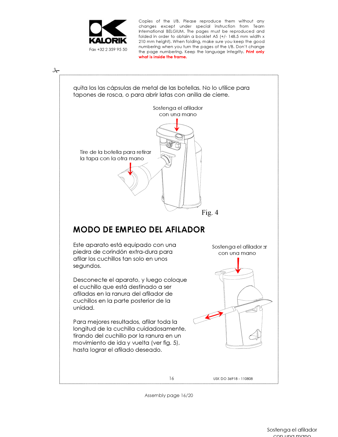 Kalorik USK DO 36918 manual Modo DE Empleo DEL Afilador, Assembly page 16/20 