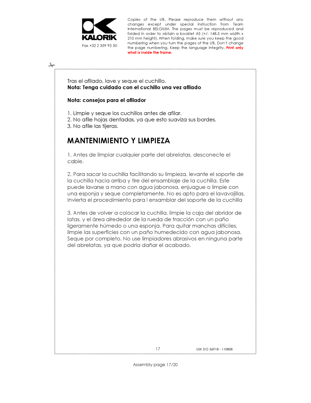 Kalorik USK DO 36918 manual Mantenimiento Y Limpieza, Assembly page 17/20 