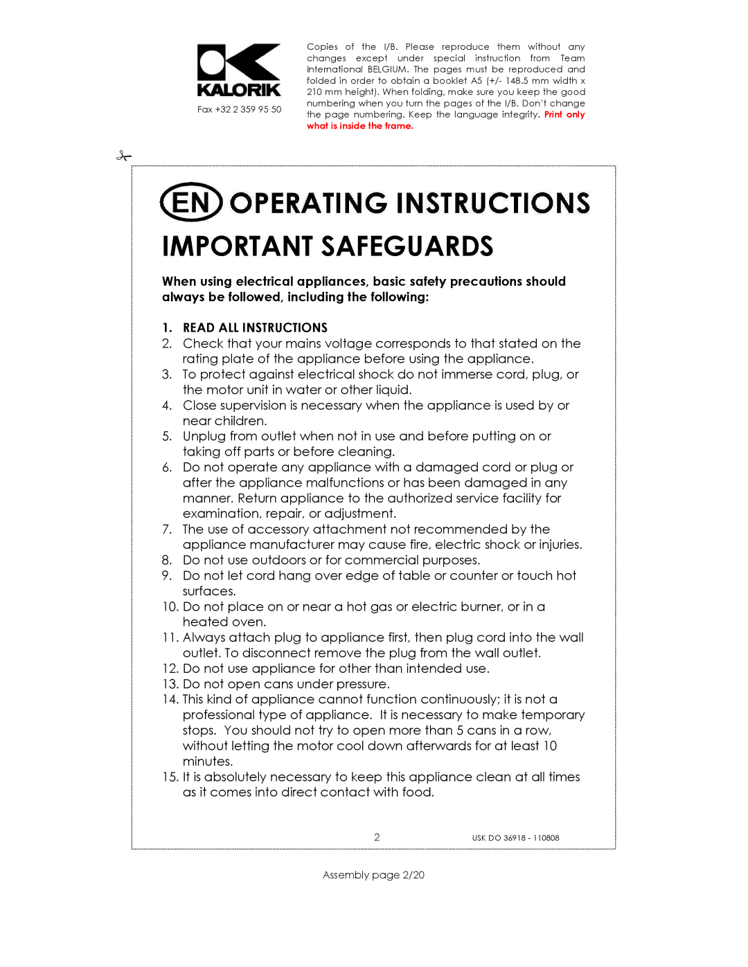 Kalorik USK DO 36918 manual Important Safeguards, Assembly page 2/20 