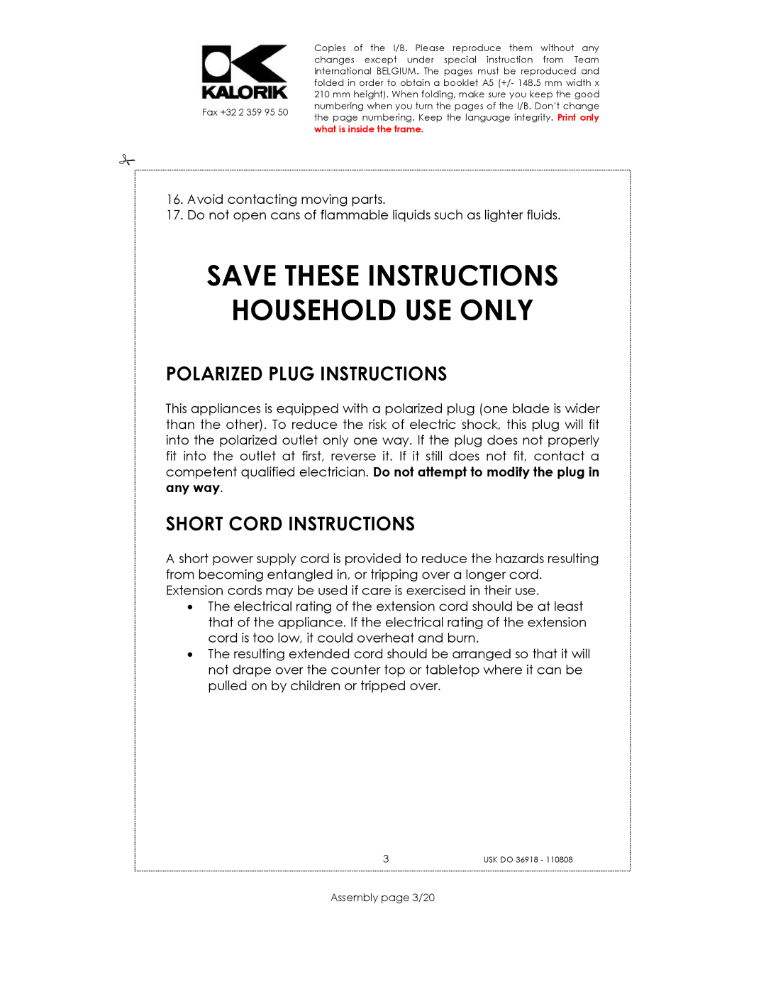 Kalorik USK DO 36918 manual Household USE only, Polarized Plug Instructions, Short Cord Instructions, Assembly page 3/20 