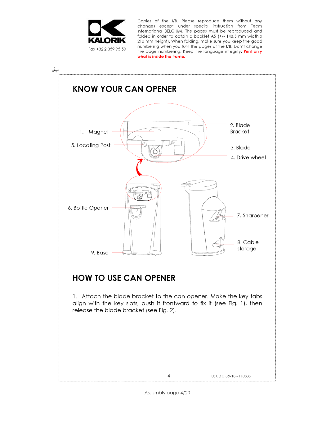 Kalorik USK DO 36918 manual Know Your can Opener, HOW to USE can Opener, Assembly page 4/20 