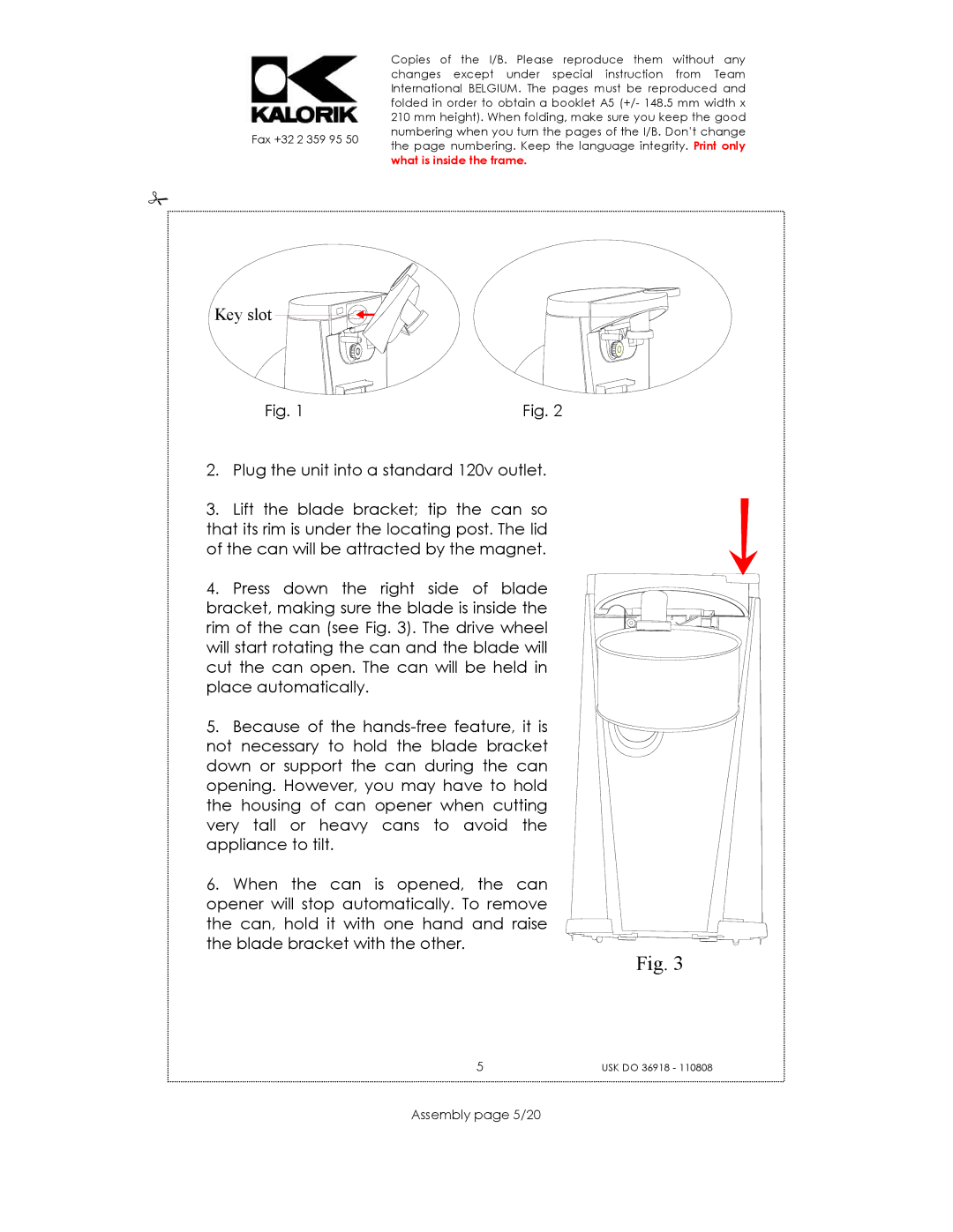 Kalorik USK DO 36918 manual Key slot, Assembly page 5/20 