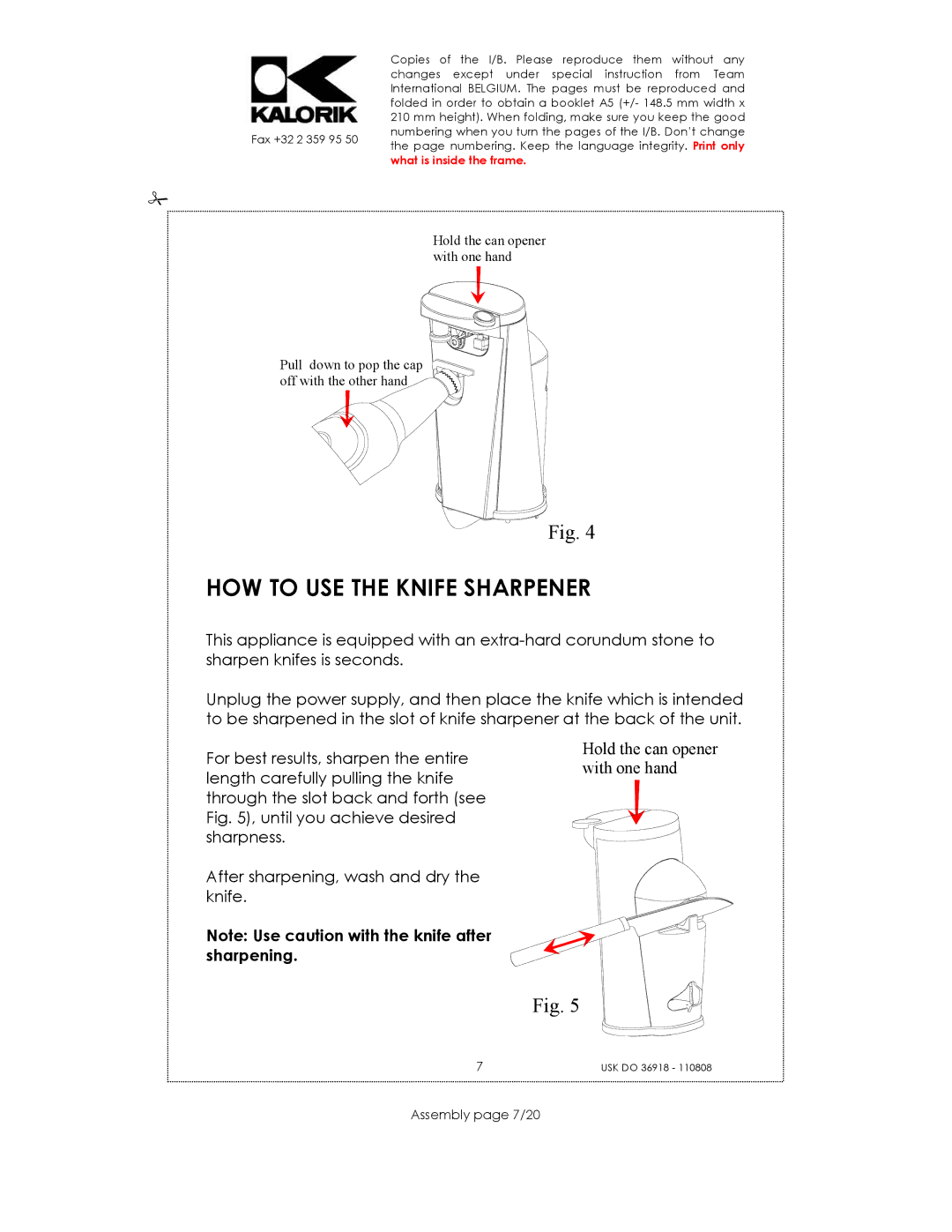 Kalorik USK DO 36918 manual HOW to USE the Knife Sharpener, Assembly page 7/20 