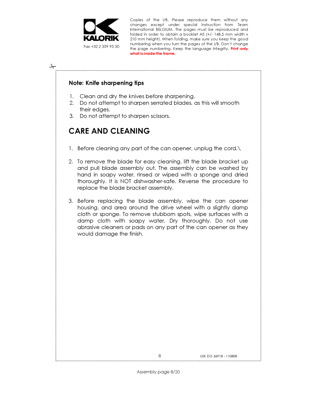 Kalorik USK DO 36918 manual Care and Cleaning, Assembly page 8/20 