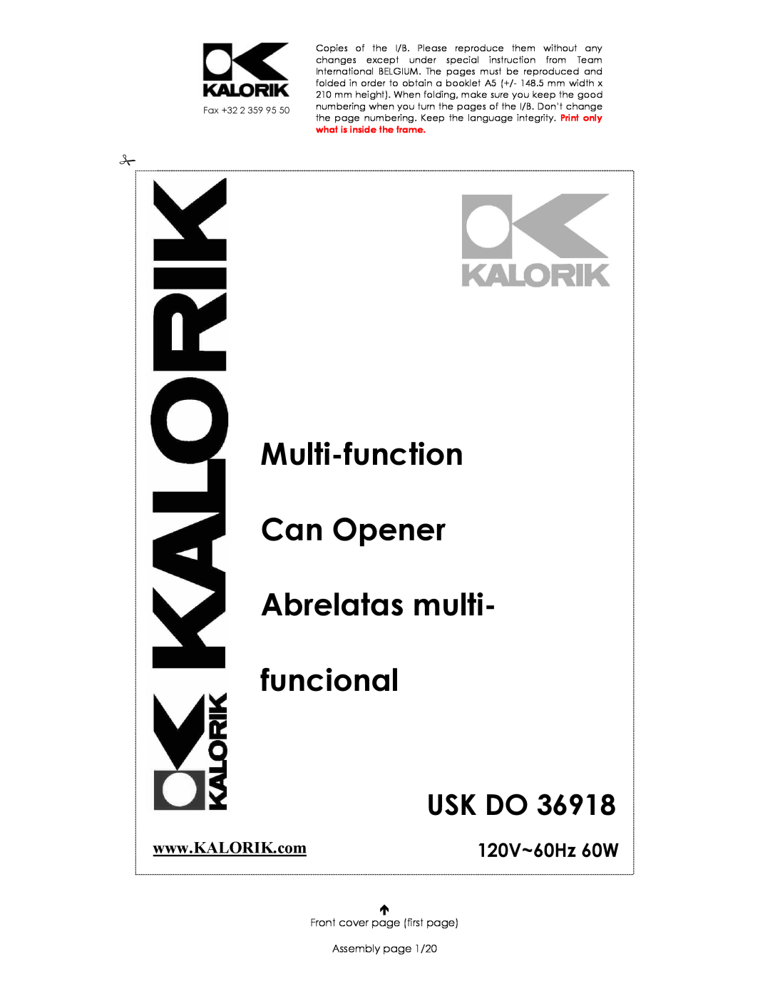 Kalorik USK DO 36918 manual Usk Do, 120V~60Hz 60W, Multi-function Can Opener Abrelatas multi, funcional 