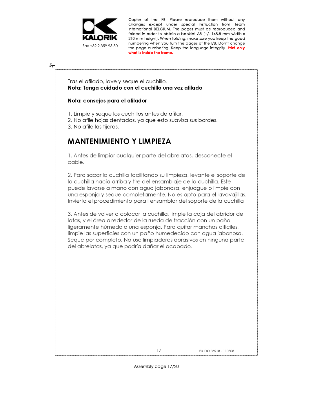 Kalorik USK DO 36918 manual Mantenimiento Y Limpieza, Nota consejos para el afilador 