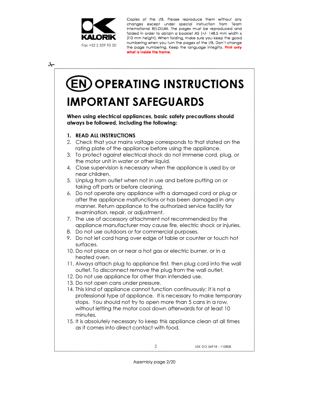 Kalorik USK DO 36918 manual Important Safeguards, Read All Instructions 