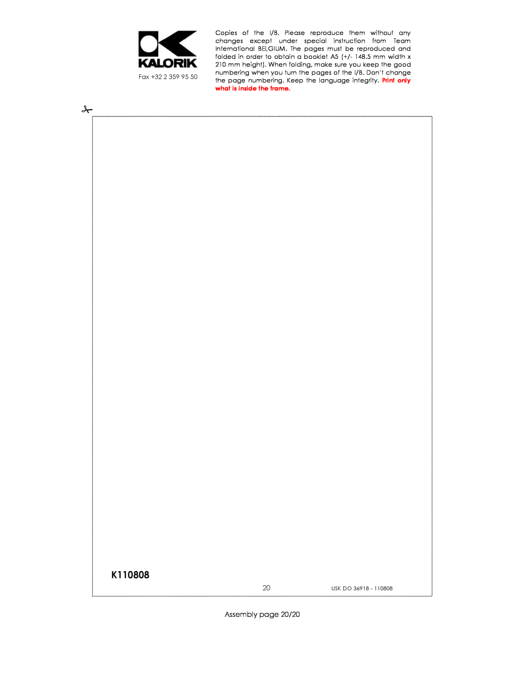 Kalorik USK DO 36918 manual K110808, Assembly page 20/20 