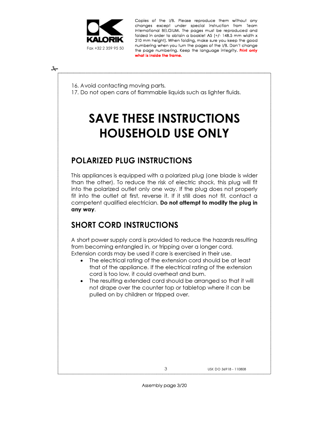 Kalorik USK DO 36918 Save These Instructions Household Use Only, Polarized Plug Instructions, Short Cord Instructions 
