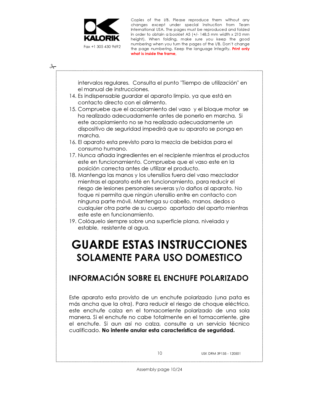 Kalorik USK DRM 39135 manual Guarde Estas Instrucciones, Información Sobre EL Enchufe Polarizado, Assembly page 10/24 