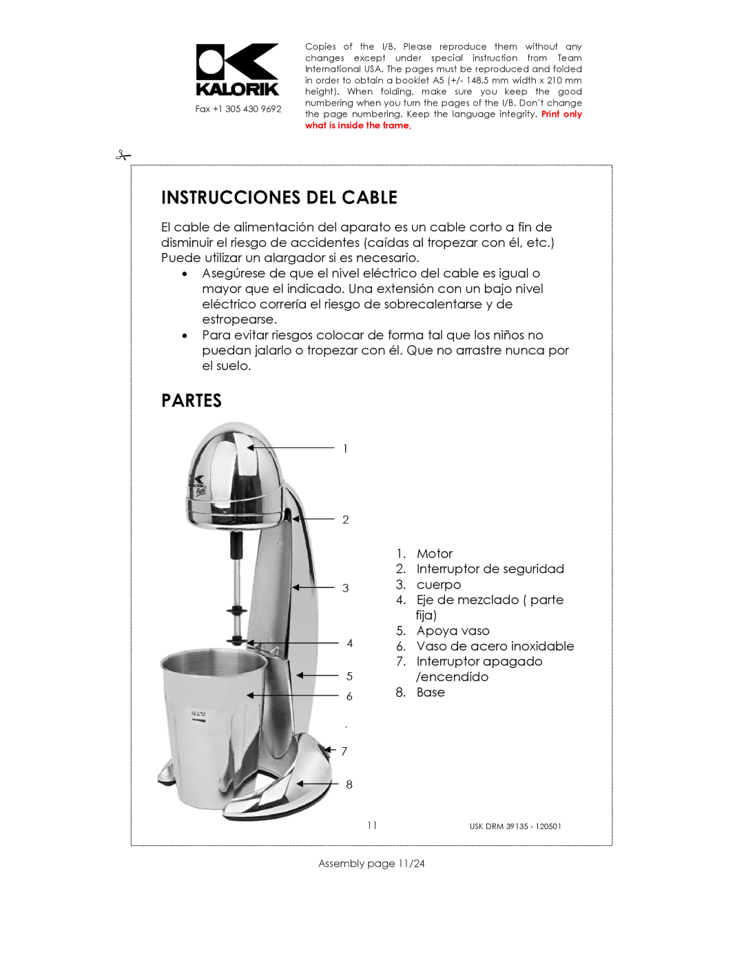 Kalorik USK DRM 39135 manual Instrucciones DEL Cable, Partes, Assembly page 11/24 