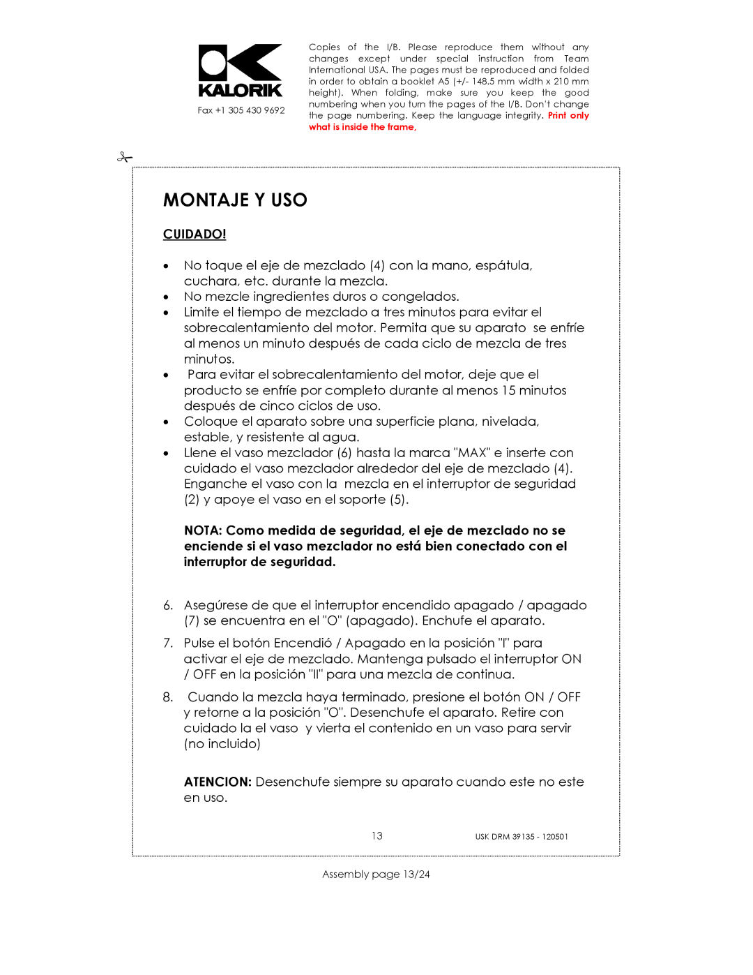 Kalorik USK DRM 39135 manual Montaje Y USO, Cuidado, Assembly page 13/24 