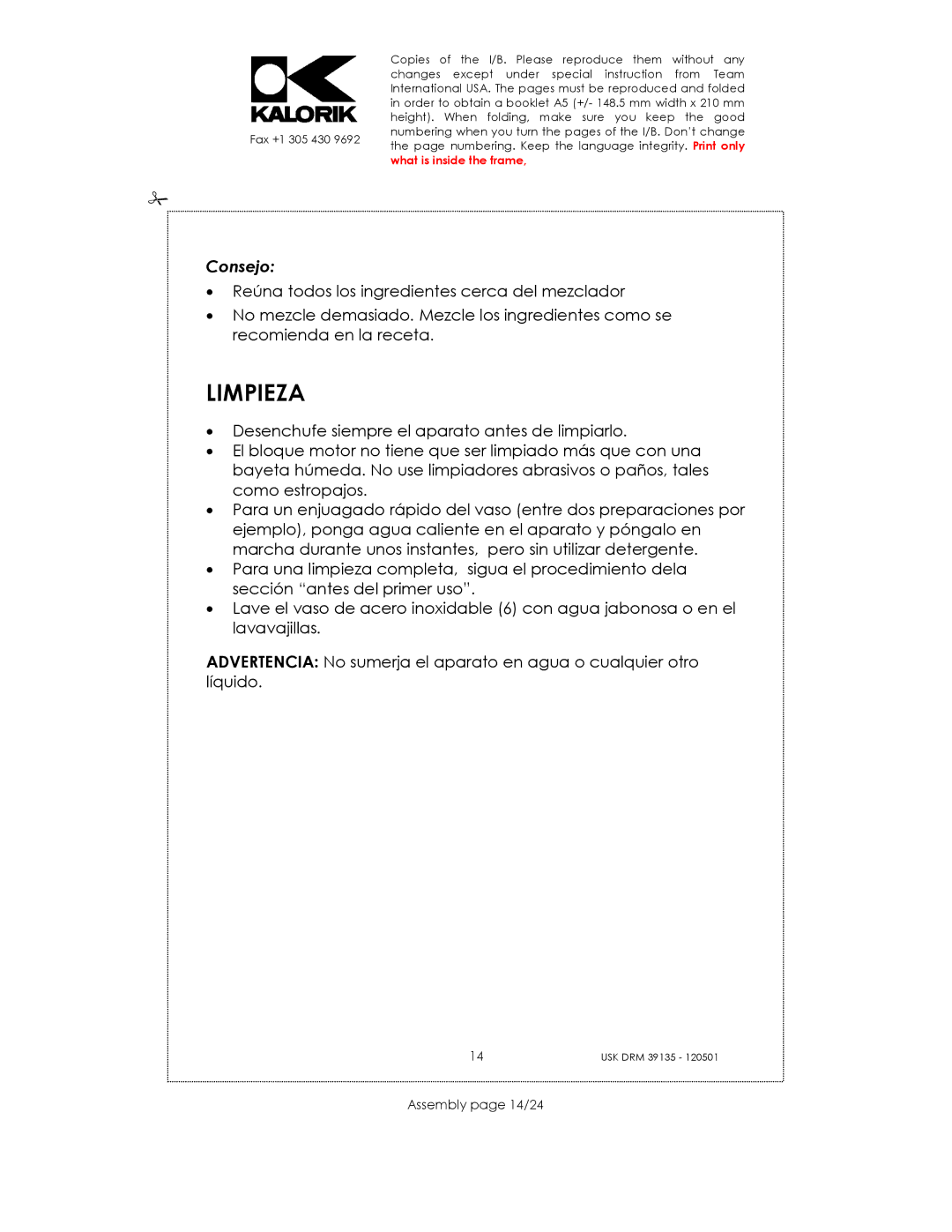 Kalorik USK DRM 39135 manual Limpieza, Assembly page 14/24 