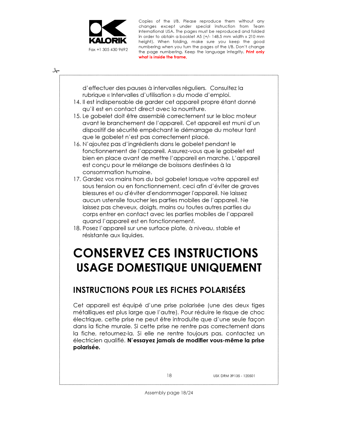 Kalorik USK DRM 39135 manual Conservez CES Instructions, Instructions Pour LES Fiches Polarisées, Assembly page 18/24 