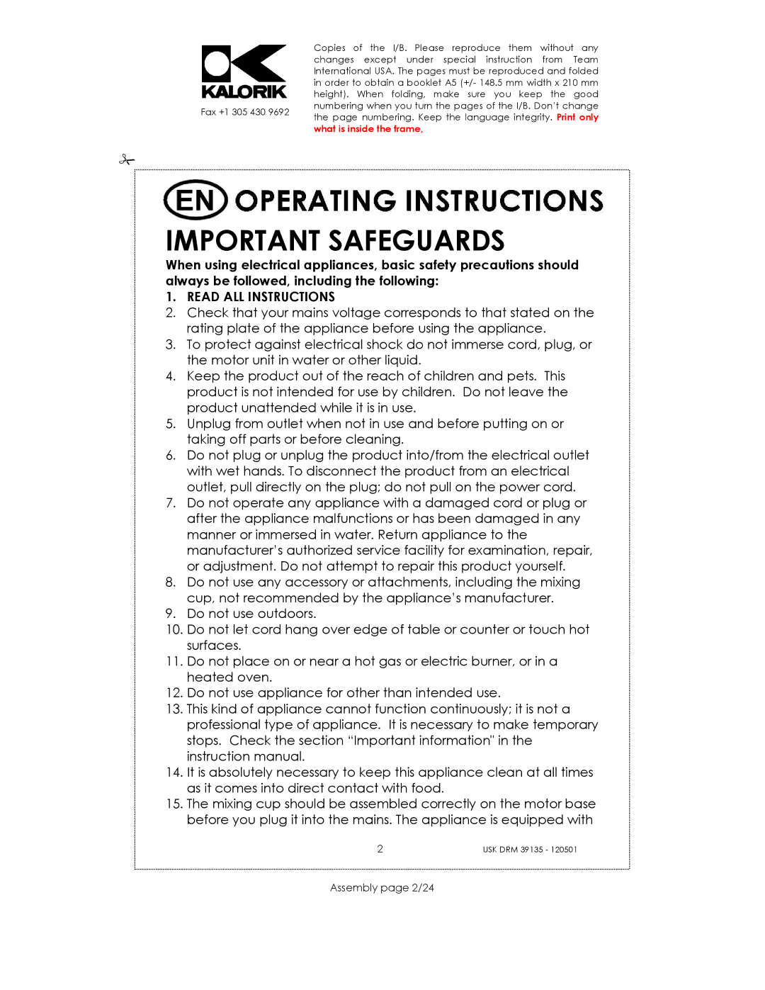 Kalorik USK DRM 39135 manual Important Safeguards, Read ALL Instructions, Assembly page 2/24 