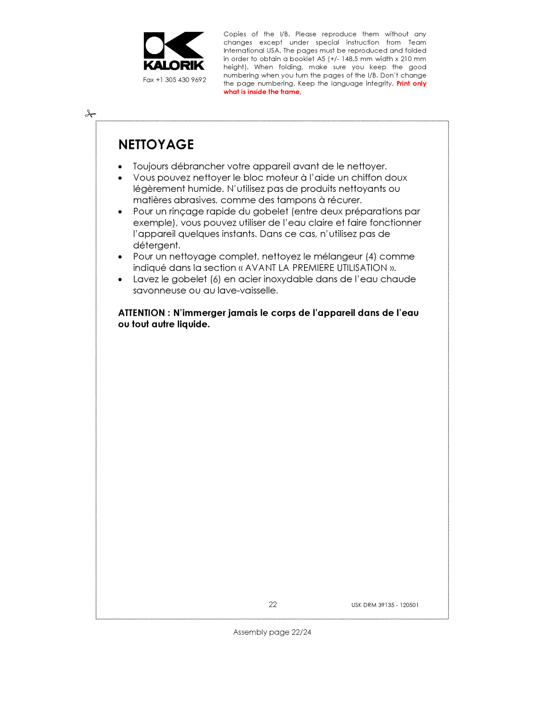 Kalorik USK DRM 39135 manual Nettoyage, Assembly page 22/24 