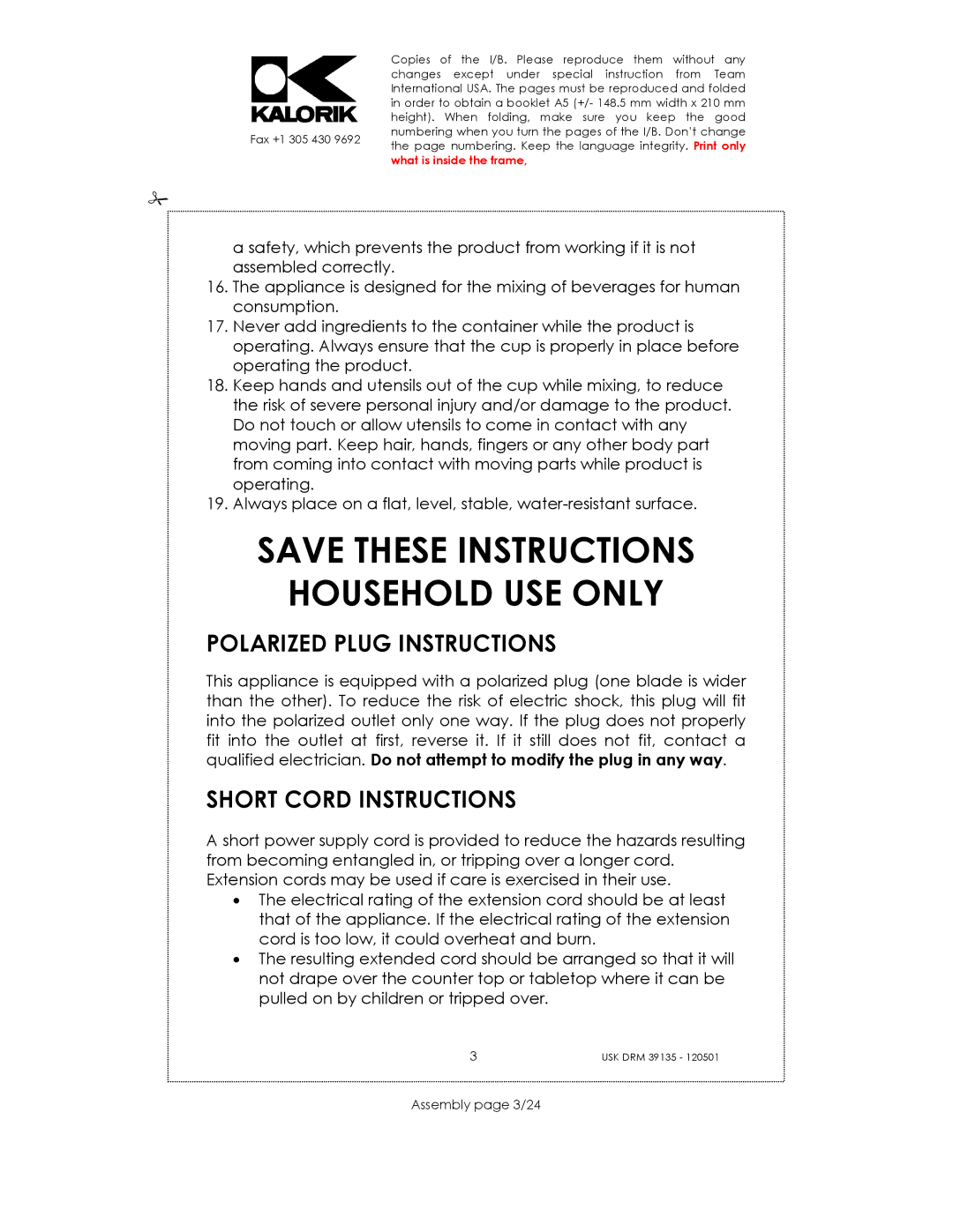 Kalorik USK DRM 39135 manual Household USE only, Polarized Plug Instructions, Short Cord Instructions, Assembly page 3/24 