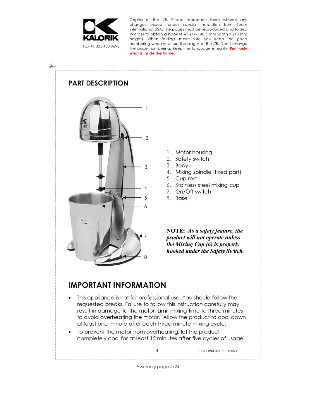 Kalorik USK DRM 39135 manual Important Information, Assembly page 4/24 