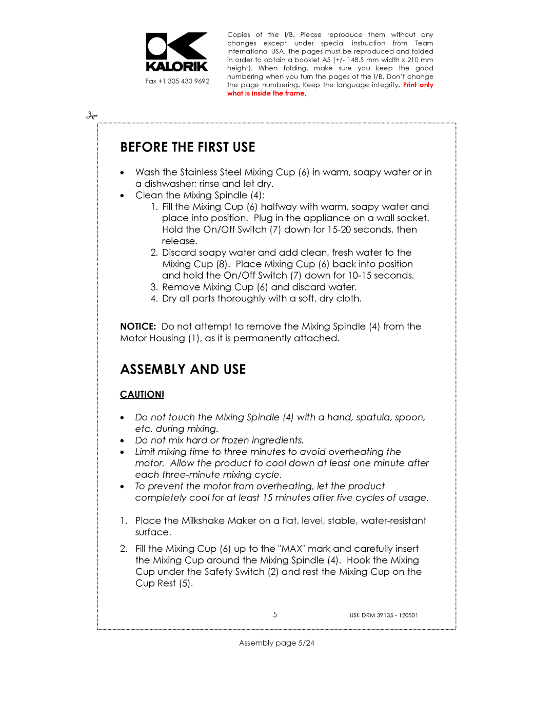 Kalorik USK DRM 39135 manual Before the First USE, Assembly and USE, Assembly page 5/24 