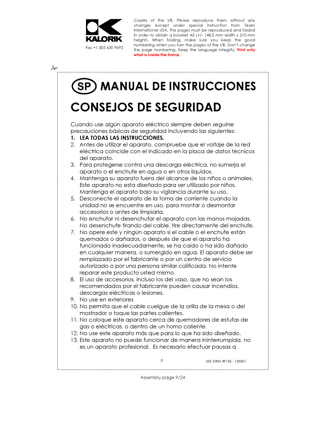 Kalorik USK DRM 39135 manual Consejos DE Seguridad, LEA Todas LAS Instrucciones, Assembly page 9/24 