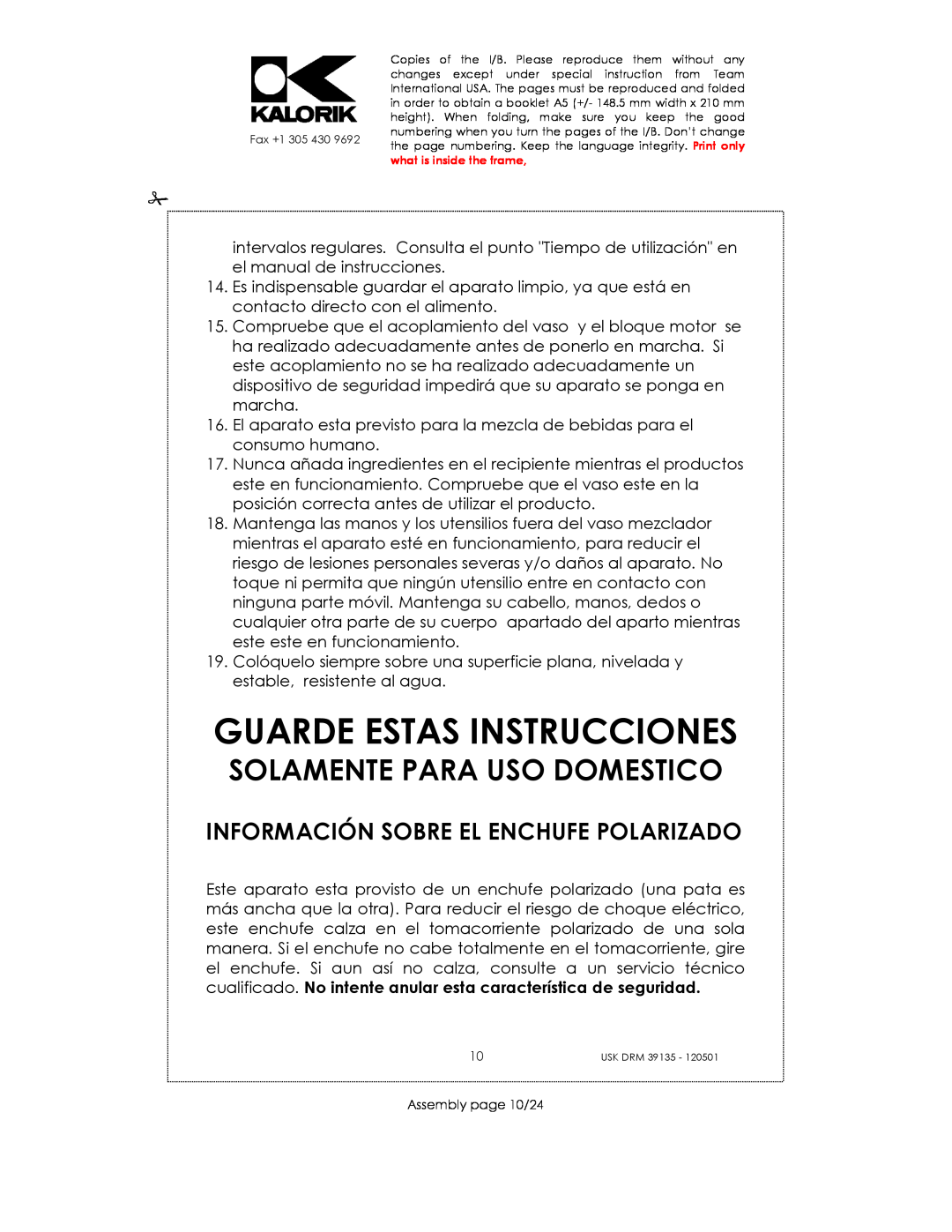 Kalorik USK DRM 39135 Guarde Estas Instrucciones, Información Sobre El Enchufe Polarizado, Solamente Para Uso Domestico 
