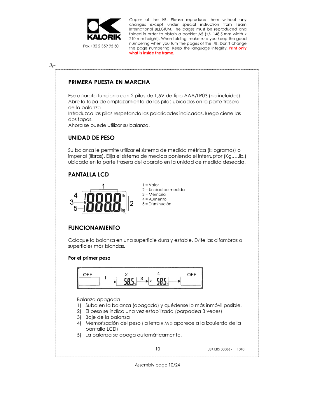 Kalorik USK EBS 33086 manual Primera Puesta EN Marcha, Unidad DE Peso, Pantalla LCD, Funcionamiento, Por el primer peso 