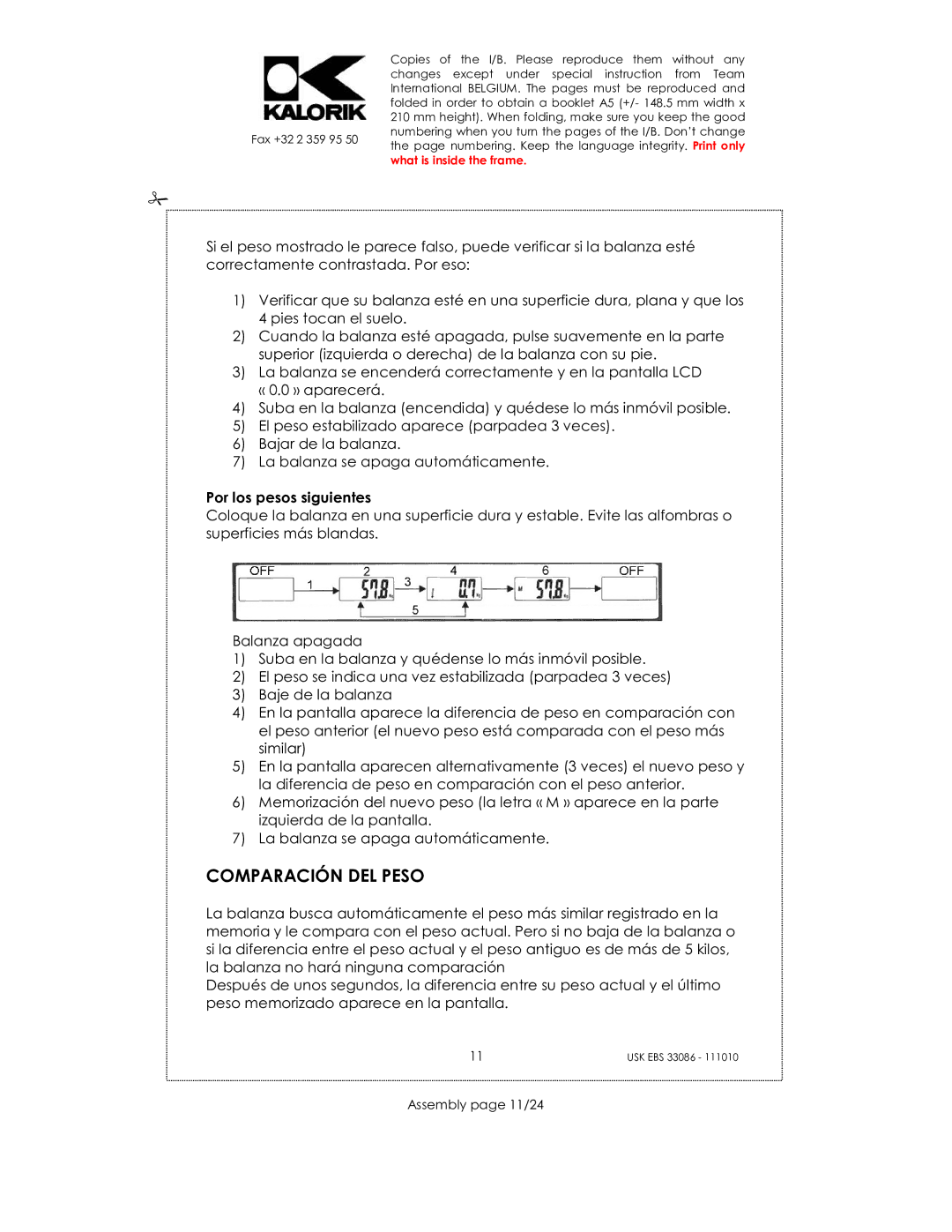 Kalorik USK EBS 33086 manual Comparación DEL Peso, Por los pesos siguientes, Assembly page 11/24 