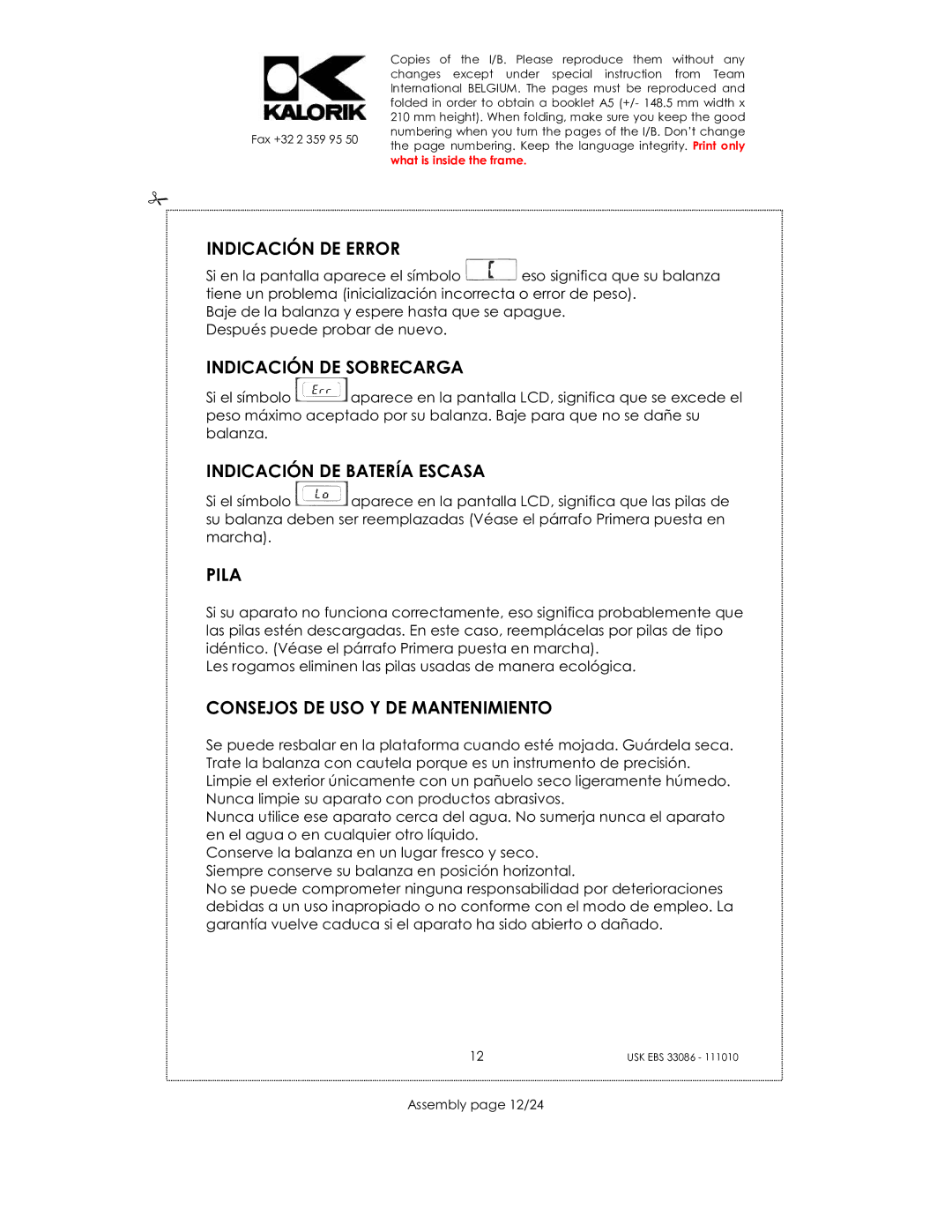 Kalorik USK EBS 33086 manual Indicación DE Error, Indicación DE Sobrecarga, Indicación DE Batería Escasa, Pila 