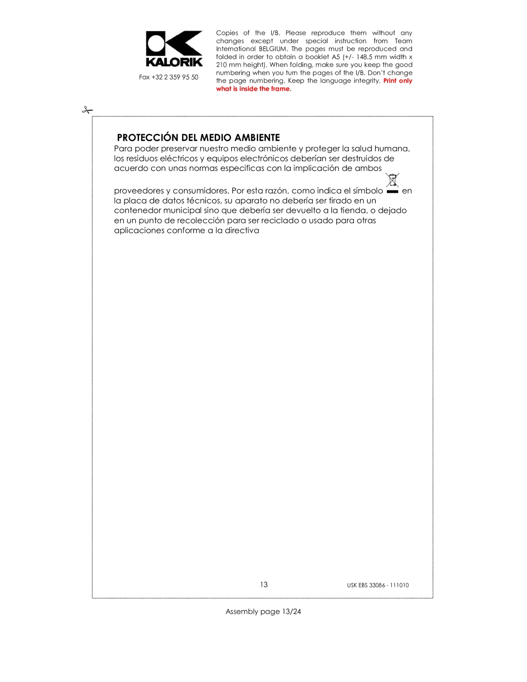 Kalorik USK EBS 33086 manual Protección DEL Medio Ambiente, Assembly page 13/24 