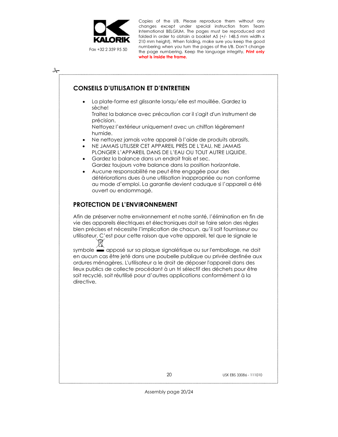 Kalorik USK EBS 33086 manual Conseils D’UTILISATION ET D’ENTRETIEN, Protection DE L’ENVIRONNEMENT, Assembly page 20/24 