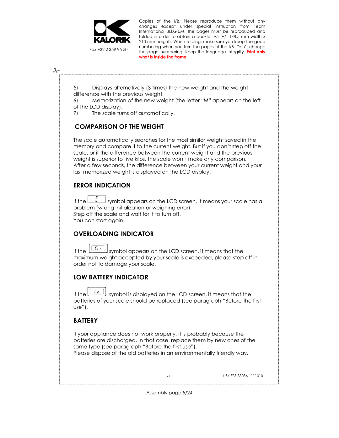 Kalorik USK EBS 33086 manual Comparison of the Weight, Error Indication, Overloading Indicator, LOW Battery Indicator 