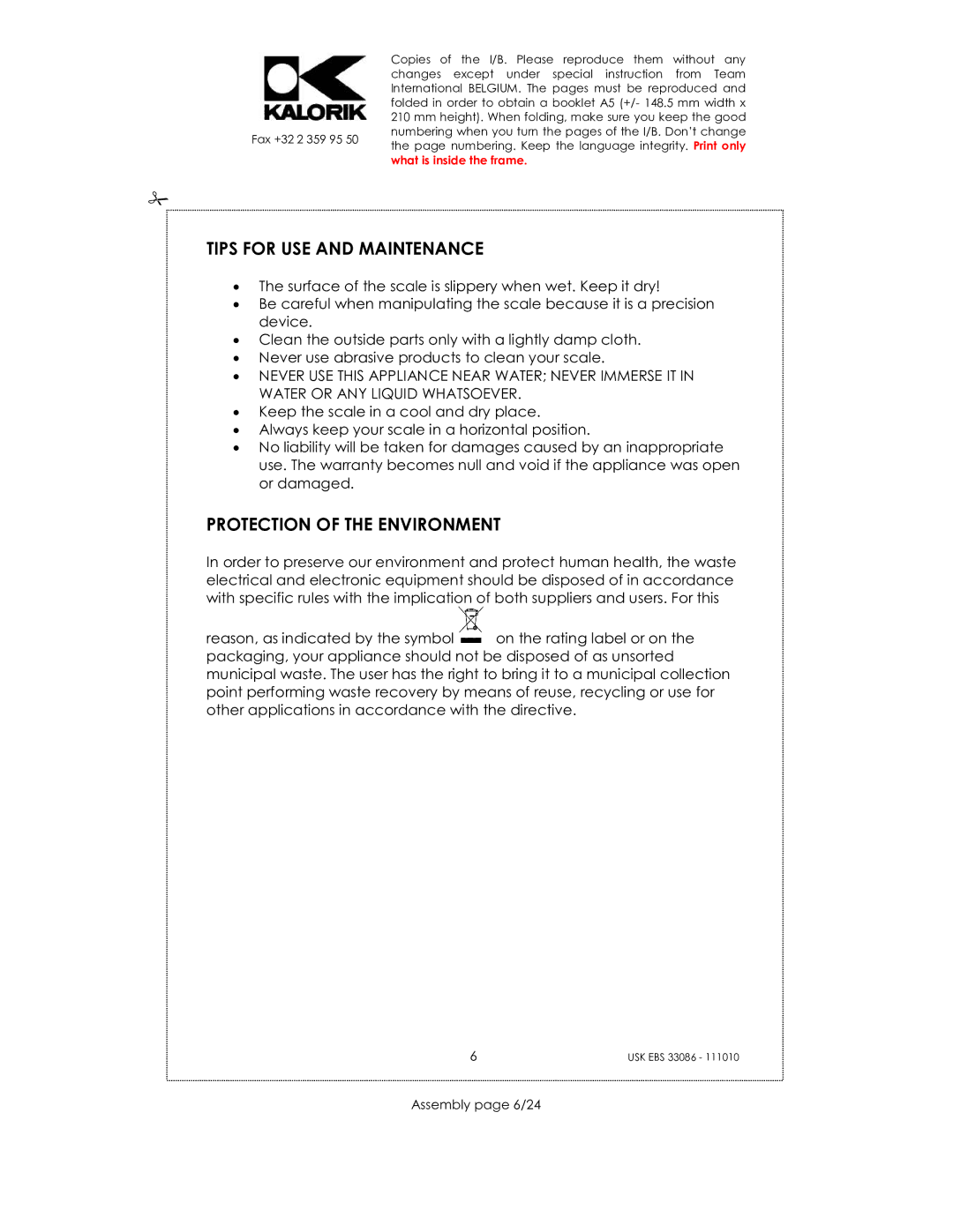 Kalorik USK EBS 33086 manual Tips for USE and Maintenance, Protection of the Environment, Assembly page 6/24 