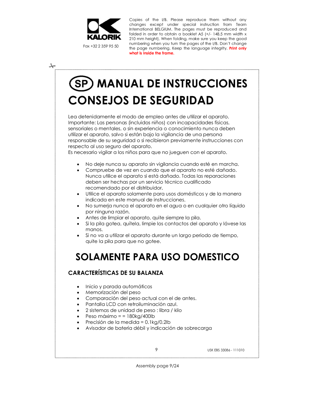 Kalorik USK EBS 33086 manual Características DE SU Balanza, Assembly page 9/24 