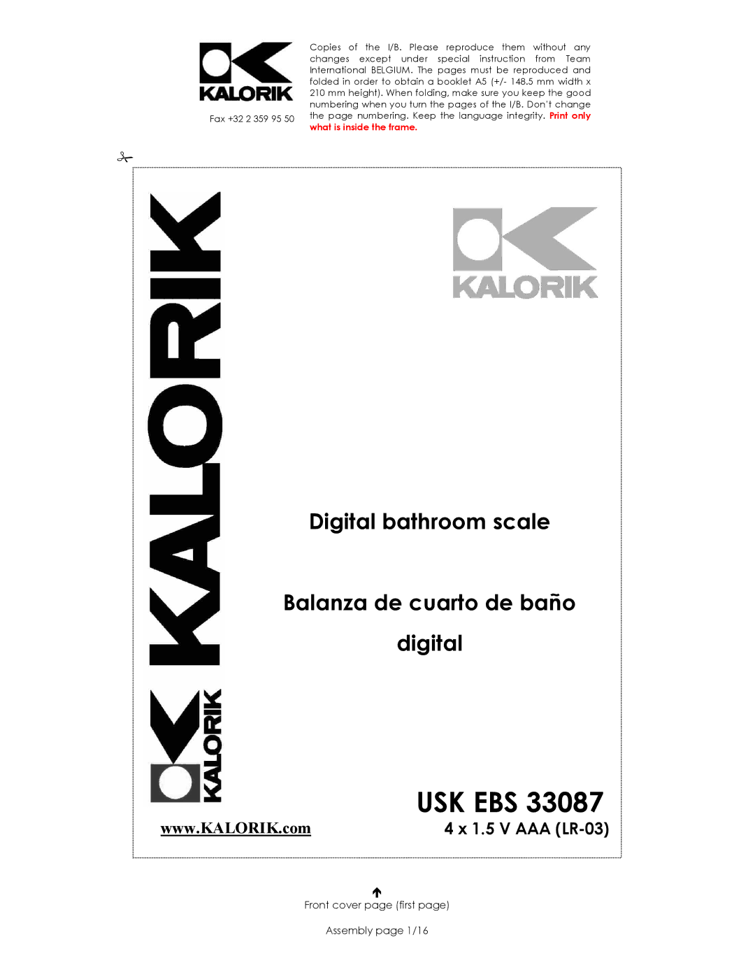 Kalorik USK EBS 33087 manual Usk Ebs, Front cover page first Assembly page 1/16 