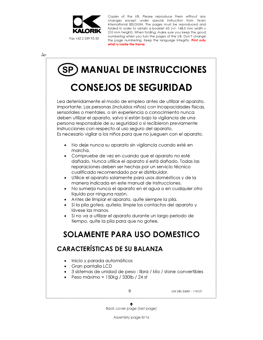 Kalorik USK EBS 33087 manual Características DE SU Balanza, Back cover page last Assembly page 8/16 